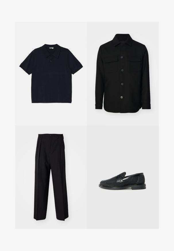 Crna košulja jakna izrađena od glatkog materijala. Ima oštar ovratnik, prednje dugmadi i dva džepa na prsima s preklopima. Dugi rukavi.; Crna kratka majica s kratkim rukavima izrađena od mekog, laganog materijala. Ima klasični ovratnik i prednje dugme za zatvaranje.; Crne plisirane hlače s ravnim širokim nogavicama. Izrađene od glatkog materijala, s dugmadi za zatvaranje i petljama za remen.; Crne pletene cipele bez pertli s glatkim kožnim naglaskom na gornjem dijelu, s dizajnom okruglog nosa i niskoprofilnom gumenom đonom.