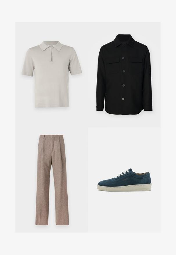 Jachetă neagră dintr-un material neted. Are un guler ascuțit, deschidere cu nasturi în față și două buzunare pe piept cu clapete. Mâneci lungi.; Polo de culoare gri deschis, cu guler și mâneci scurte. Confecționat dintr-un material texturat, neted. Include un fermoar pe jumătate.; Pantaloni bej, cu talie înaltă, dintr-un material texturat. Prezintă picioare late și două pliseuri frontale pentru structură. Finisaj îngrijit, fără accesorii vizibile.; Sneakers albastre din suede, cu vârf rotund, șireturi albe și talpă din cauciuc. Prezintă cusături subtile și un accent de marcă pe lateral.