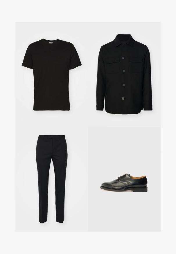 Zwarte shirtjack gemaakt van een gladde stof. Heeft een puntkraag, knopen aan de voorkant en twee borstzakken met kleppen. Lange mouwen.; Zwarte katoenen t-shirt met een klassiek ronde halsontwerp, korte mouwen en subtiele branding op de voorkant. Gladde textuur, zonder patronen.; Zwarte broek met een recht gesneden ontwerp, gemaakt van een gladde stof. Bevat voorplooien, steekzakken en een vlakke tailleband.; Zwarte leren nette schoen met een gladde afwerking, ronde neus en minimale veters. Beschikt over een subtiel ontwerp en een lage, stevige rubberen zool.