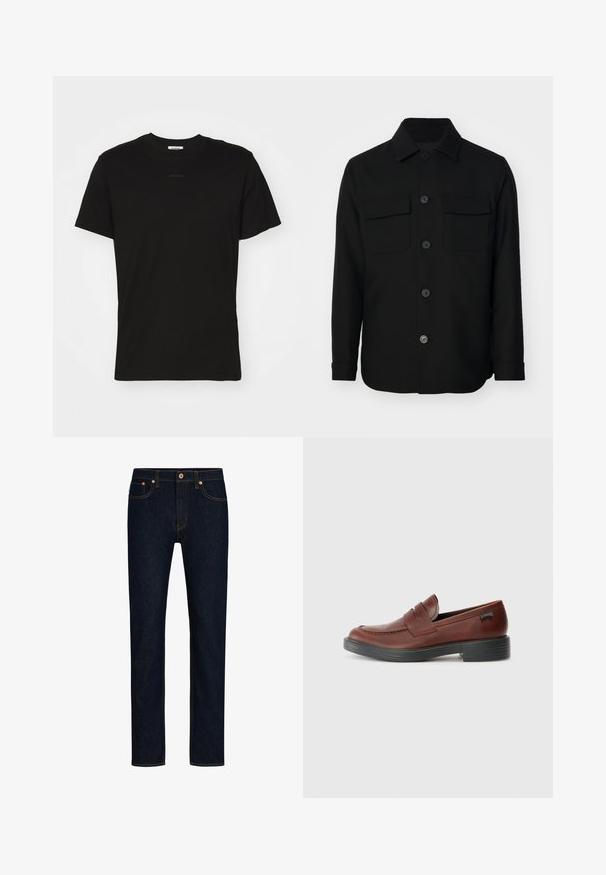 Jachetă neagră dintr-un material neted. Are un guler ascuțit, deschidere cu nasturi în față și două buzunare pe piept cu clapete. Mâneci lungi.; Tricou din bumbac negru cu un design clasic de gât rotund, mâneci scurte și un branding subtil pe față. Textură netedă, fără modele.; Jeans din denim albastru închis, cu un design cu picior drept, prezentând cusături portocalii, cinci buzunare și un sistem de închidere cu băta la talie.; Mocasini din piele maro, cu vârful rotunjit, detalii cusute, o bandă proeminentă peste glezna piciorului și o talpă groasă din cauciuc negru.