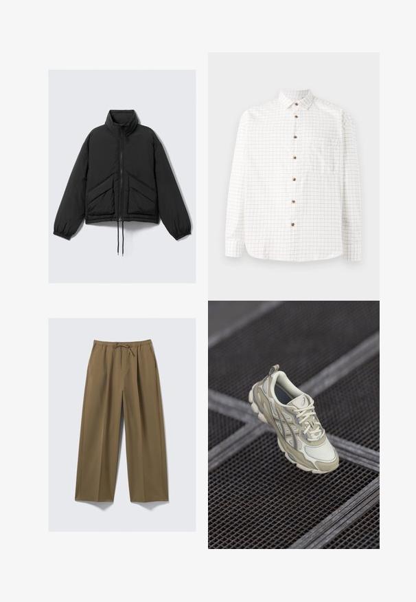 Schwarze Steppjacke, hoher Kragen, Reißverschluss vorne, geraffte Bündchen und Fronttaschen mit einem dreieckigen Steppmuster. Strukturierter Stoff, kurze Ausführung.; Weißes Hemd mit Knöpfen und einem Karomuster in Marineblau, ausgestattet mit einer Brusttasche, abgerundetem Saum und Holzknöpfen. Leichtes Material.; Weite Hosen in Olivgrün, hergestellt aus weichem Stoff mit einem elastischen Bund und verstellbarem Kordelzug. Mit zwei Seitentaschen.; Beige Turnschuhe mit einem strukturierten Mesh-Obermaterial, subtilen grauen Akzenten und einer gepolsterten Zunge. Rundes, gepolstertes Sohlen-Design für Komfort.