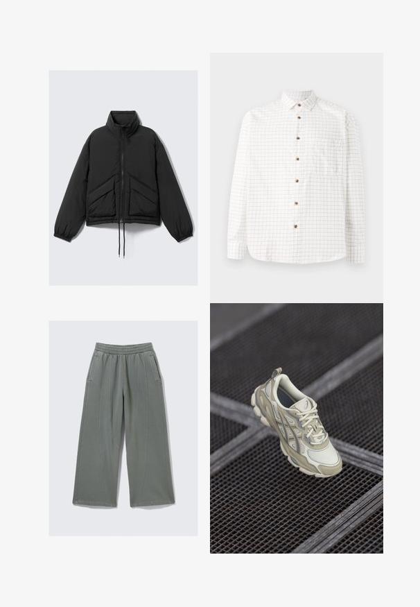Juodas pūkinis švarkas, aukštas apykaklė, užtrauktukas priekyje, susilankstytos rankogaliai ir priekiniai kišeniai su trikampiu išsiuvinėjimu. Tekstūruota medžiaga, trumpas dizainas.; Balta marškinėlių su tinklelio raštu tamsiai mėlynos spalvos, su krūtine kišene, suapvalintu kraštu ir mediniais mygtukais. Šviesos audinys.; Šviesiai pilkos plačios kelnės, pagamintos iš minkštos medžiagos, su elastinga juosmeniu ir dviem šoninėmis kišenėmis, turinčiomis matomas siuvimo detales.; Bežiniai sportiniai batai su tekstūruota tinkline viršūne, subtiliais pilkais akcentais ir paminkštintu liežuvėliu. Apvalus, paminkštintas pado dizainas paprastam naudojimui.