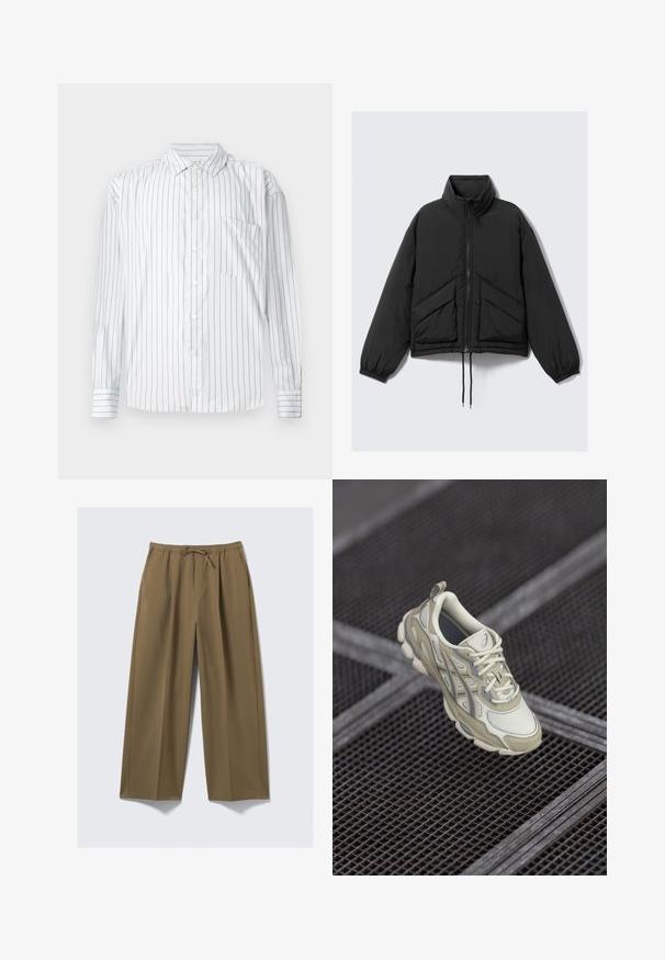Black puffer jacket, high collar, zip front, gathered cuffs, and front pockets with a triangular quilted pattern. Textured fabric, cropped design.; Long-sleeve button-up shirt in white with thin red vertical stripes, soft texture, pointed collar, and a left chest pocket.; Wide-leg trousers in olive green, made from soft fabric with an elastic waistband and adjustable drawstring. Features two side pockets.; Beige athletic shoe featuring a textured mesh upper, subtle gray accents, and a padded tongue. Rounded, cushioned sole design for comfort.