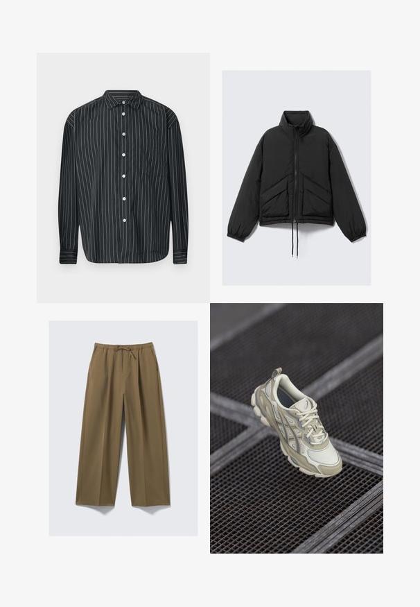 Black puffer jacket, high collar, zip front, gathered cuffs, and front pockets with a triangular quilted pattern. Textured fabric, cropped design.; Black long-sleeve button-up shirt with thin white vertical stripes, single chest pocket, smooth fabric, and classic collar design.; Wide-leg trousers in olive green, made from soft fabric with an elastic waistband and adjustable drawstring. Features two side pockets.; Beige athletic shoe featuring a textured mesh upper, subtle gray accents, and a padded tongue. Rounded, cushioned sole design for comfort.