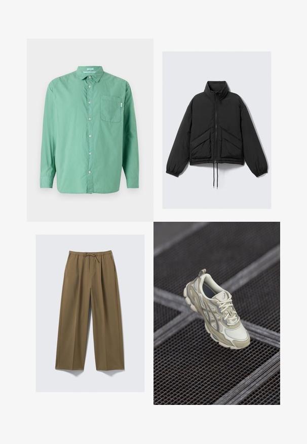 Svart puffjakke, høy krage, glidelås foran, innsamlede ermer og framlommer med et trekantet quiltet mønster. Strukturert stoff, cropped design.; Grønn skjorte med knapper, lange ermer, bomullsmateriale, enkel brystlomme, avslappet passform, subtil tekstur, og klassisk kragedesign.; Vidde bukser i olivengrønn, laget av mykt stoff med elastisk midje og justerbar snor. Har to sidelommer.; Beige treningssko med et teksturert mesh-overtrekk, subtile grå detaljer og en polstret tunge. Rundet, polstret såledesign for komfort.