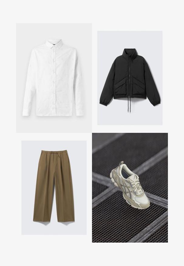 Czarna kurtka puchowa, wysoki kołnierz, zamek z przodu, gatherowane mankiety oraz przednie kieszenie z trójkątnym pikowaniem. Teksturowana tkanina, krótki krój.; Biała koszula z długim rękawem wykonana z bawełny, z delikatnym haftem na całej powierzchni, z kołnierzykiem zapinanym na guziki oraz z przodu z zapięciem na guziki.; Szerokie spodnie w kolorze oliwkowym, wykonane z miękkiej tkaniny z elastycznym pasem i regulowanym sznurkiem. Posiadają dwie boczne kieszenie.; Beżowe obuwie sportowe z teksturowaną siateczką, subtelnymi szarymi akcentami i wyściełanym językiem. Zaokrąglona, amortyzowana podeszwa zapewniająca komfort.
