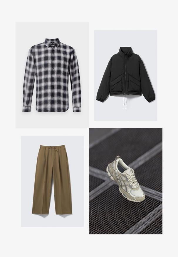 Zwarte pufferjack, hoge kraag, ritssluiting aan de voorkant, gathered manchetten en voorzakken met een driehoekig quiltpatroon. Textuurstof, cropped design.; Geverfde blouse in zwart-wit, met lange mouwen, een kraag, gemaakt van lichtgewicht stof met een zachte textuur, voorzien van zwarte knopen.; Wijduitlopende broeken in olijfgroen, gemaakt van zachte stof met een elastische tailleband en een verstelbaar trekkoord. Beschikt over twee zijzakken.; Beige sportschoen met een gemêleerde mesh bovenkant, subtiele grijze accenten en een gewatteerde tong. Rounded, gevoerde zoolontwerp voor comfort.