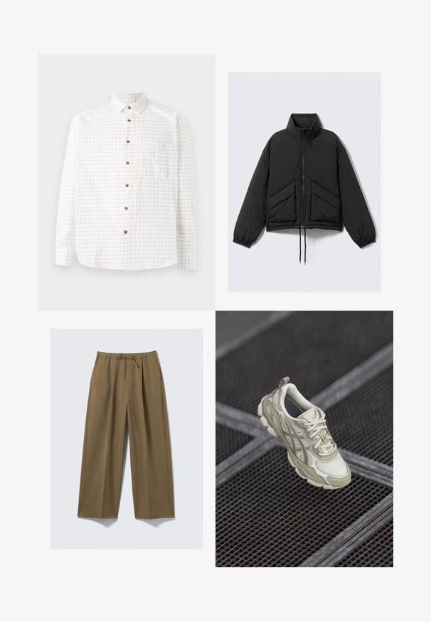 Czarna kurtka puchowa, wysoki kołnierz, zamek z przodu, gatherowane mankiety oraz przednie kieszenie z trójkątnym pikowaniem. Teksturowana tkanina, krótki krój.; Biała koszula z guzikami, w kratkę w granatowym kolorze, z kieszenią na piersi, zaokrąglonym dołem i drewnianymi guzikami. Lekki materiał.; Szerokie spodnie w kolorze oliwkowym, wykonane z miękkiej tkaniny z elastycznym pasem i regulowanym sznurkiem. Posiadają dwie boczne kieszenie.; Beżowe obuwie sportowe z teksturowaną siateczką, subtelnymi szarymi akcentami i wyściełanym językiem. Zaokrąglona, amortyzowana podeszwa zapewniająca komfort.