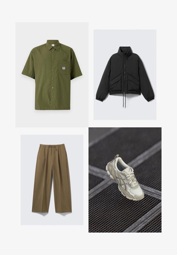 Czarna kurtka puchowa, wysoki kołnierz, zamek z przodu, gatherowane mankiety oraz przednie kieszenie z trójkątnym pikowaniem. Teksturowana tkanina, krótki krój.; Koszula z krótkim rękawem w oliwkowym kolorze z kołnierzykiem na guziki, z kieszenią na piersi z szarym logiem GAP.; Szerokie spodnie w kolorze oliwkowym, wykonane z miękkiej tkaniny z elastycznym pasem i regulowanym sznurkiem. Posiadają dwie boczne kieszenie.; Beżowe obuwie sportowe z teksturowaną siateczką, subtelnymi szarymi akcentami i wyściełanym językiem. Zaokrąglona, amortyzowana podeszwa zapewniająca komfort.