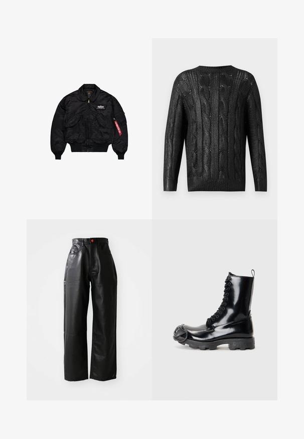 Svart bomberjacka i slät nylon. Har en blixtlås framtill, ribbade muddar, flera fickor och en röd tygmärke på ärmen.; Svart stickad tröja med kabelmönster, långa ärmar och rundad halsringning, visad bakifrån mot en enfärgad bakgrund.; Svart långärmad tröja i mjukt tyg, med rund halsringning, avslappnad passform och ribbade muddar. Minimalistisk design, inga extra mönster.; Svarta faux läder byxor med vida ben och hög midja, synliga fickor och en röd knappdetalj, med en slät, blank yta.; Svart lackläder känga med en glansig finish, snörningsdesign, tjockgummisula och ett distinkt frontdetalj i metall.