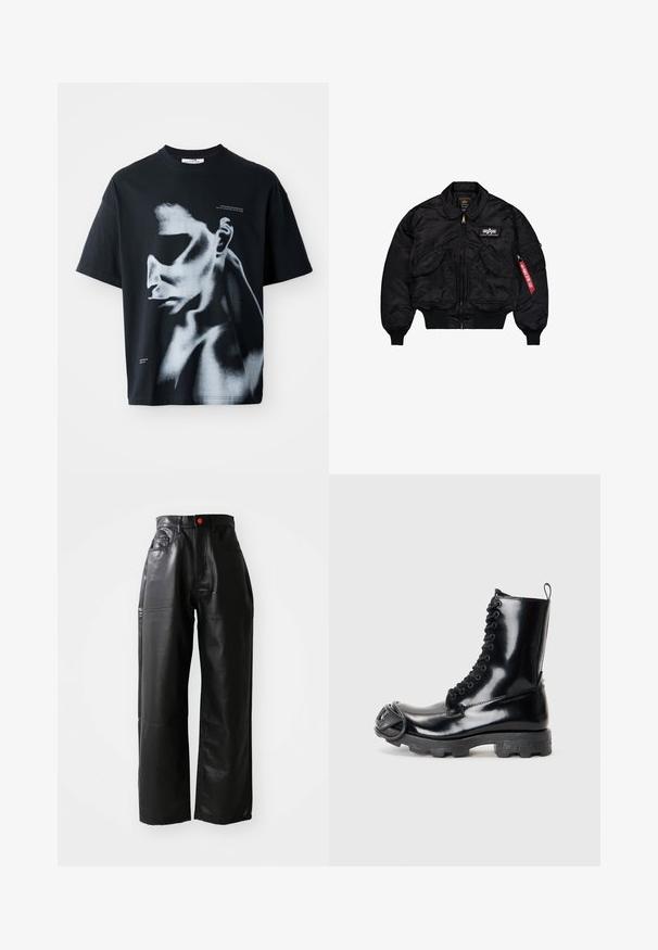 Black bomber jacket made of smooth nylon. Features a front zipper, ribbed cuffs, multiple pockets, and a red fabric tag on the sleeve.; Black knitted sweater with cable pattern, long sleeves, and crew neckline, shown from the back on a plain background.; Black cotton t-shirt featuring a graphic of a face in white and gray tones, with text reading "TRANSCENDENCE INTO HIGHER STATES" on the chest.; Black faux leather wide-leg pants with a high waist, visible pockets, and a red button accent, featuring a smooth, shiny texture.; Black patent leather combat boot with a glossy finish, lace-up design, thick rubber sole, and distinctive front hardware detail.