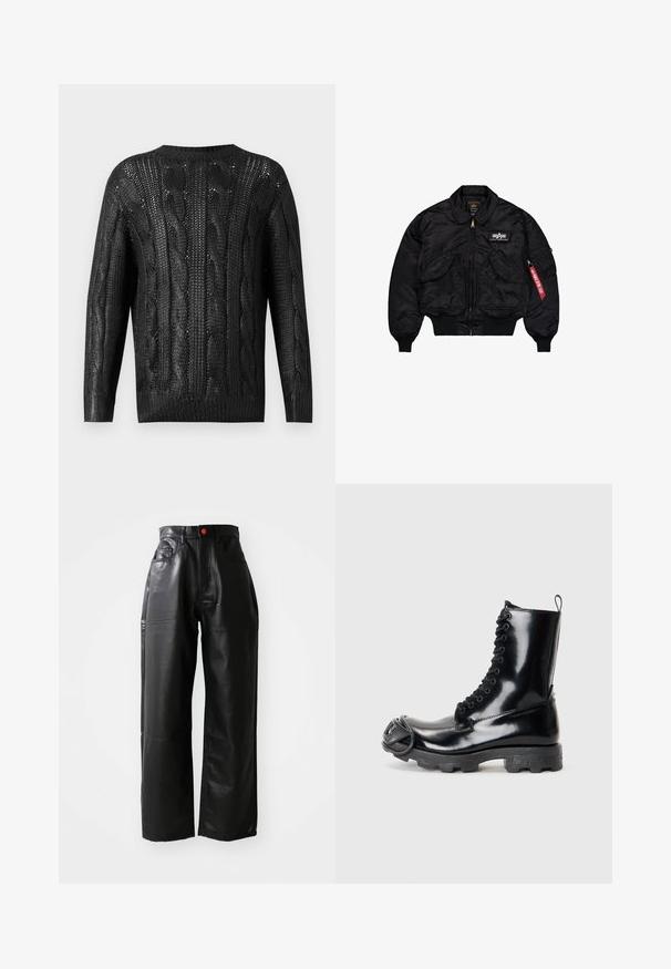 Czarna kurtka bombowca z gładkiego nylonu. Posiada zamek błyskawiczny z przodu, ściągacze przy rękawach, kilka kieszeni oraz czerwoną metkę z tkaniny na rękawie.; Czarny dzianinowy sweter z wzorem w warkocze, z długimi rękawami i okrągłym dekoltem, pokazany z tyłu na jednolitym tle.; Czarny, długi rękaw, pulower wykonany z miękkiego materiału, z okrągłym dekoltem, luźnym krojem i prążkowanymi mankietami. Minimalistyczny design, bez dodatkowych wzorów.; Czarne szerokie spodnie z faux skórki z wysokim stanem, widocznymi kieszeniami i czerwonym akcentem w postaci guzika, charakteryzujące się gładką, błyszczącą teksturą.; Czarne lakierowane buty wojskowe o błyszczącej powierzchni, z wiązanym sznurowaniem, grubą gumową podeszwą i charakterystycznym detalu z przodu.