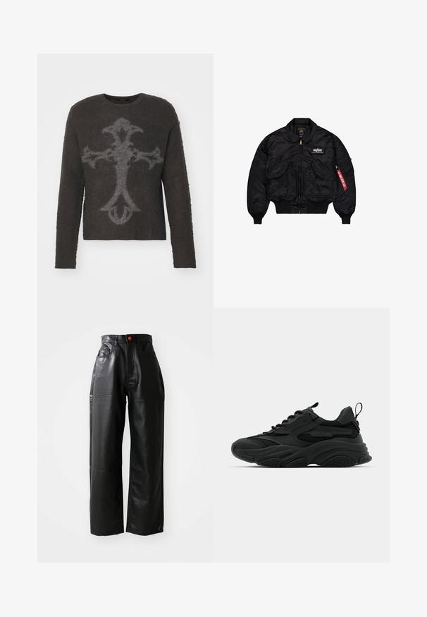 Giacca bomber nera realizzata in nylon liscio. Presenta una zip frontale, polsini a costine, diverse tasche e un'etichetta in tessuto rossa sulla manica.; Maglione grigio scuro con maniche lunghe, scollatura rotonda e texture pelosa. Presenta un grande motivo a croce stilizzato di un grigio più chiaro.; Pullover nero a maniche lunghe realizzato in tessuto morbido, con scollatura rotonda, vestibilità comoda e polsini a costine. Design minimalista, senza ulteriori motivi.; Pantaloni wide-leg in ecopelle nera con vita alta, tasche visibili e un accento di bottone rosso, caratterizzati da una texture liscia e lucida.; Sneakers atletici neri con suola spessa, pannelli in rete e dettagli in gomma. Presentano un'etichetta sul tallone e motivi texturizzati.