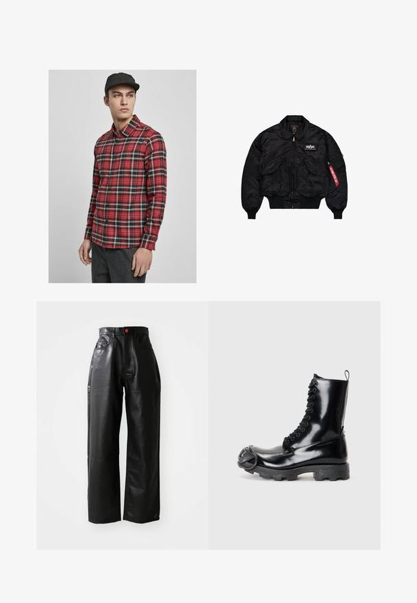 Crna bomber jakna izrađena od glatkog najlona. Ima prednji patentni zatvarač, rebraste manžete, više džepova i crvenu oznaku od tkanine na rukavu.; Crvena i crna karirana košulja dugih rukava s dugmadi na prednjem dijelu, ovratnikom i jednim džepom na prsima. Glatka tkanina s ravnom teksturom.; Crni pulover dugih rukava izrađen od mekog materijala, s okruglim izrezom, opuštenim krojem i rebrastim manžetama. Minimalistički dizajn, bez dodatnih uzoraka.; Crne hlače širokih nogavica izrađene od umjetne kože s visokim strukom, vidljivim džepovima i crvenim gumbom kao ukrasom, s glatkom, sjajnom teksturom.; Crne lakirane vojne čizme s sjajnim završetkom, dizajnom s vezanjem, debelim gumenim potplatom i karakterističnim prednjim detaljima od hardvera.