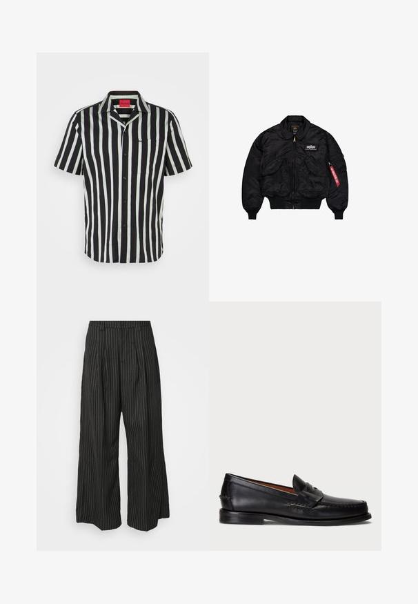 Fekete bomberdzseki sima nylonból készült. Elöl cipzárral, bordás mandzsettákkal, több zsebbel és egy piros szövetcímkével rendelkezik az ujján.; Fekete-fehér csíkos, rövid ujjú ing zöld részletekkel, gombos záródással, hegyes gallérral és bal oldali mellzsebbel. Márka logója a zseben.; Fekete csíkos, bő szabású nadrág, pleat-kkel, szabott dizájnnal és puha textúrával. Nincs látható fémrész vagy díszítés.; Fekete bőr mokaszin lekerekített orral, varrott részletezéssel és díszes pánttal az elején. Lapos talp minimalista profilal.