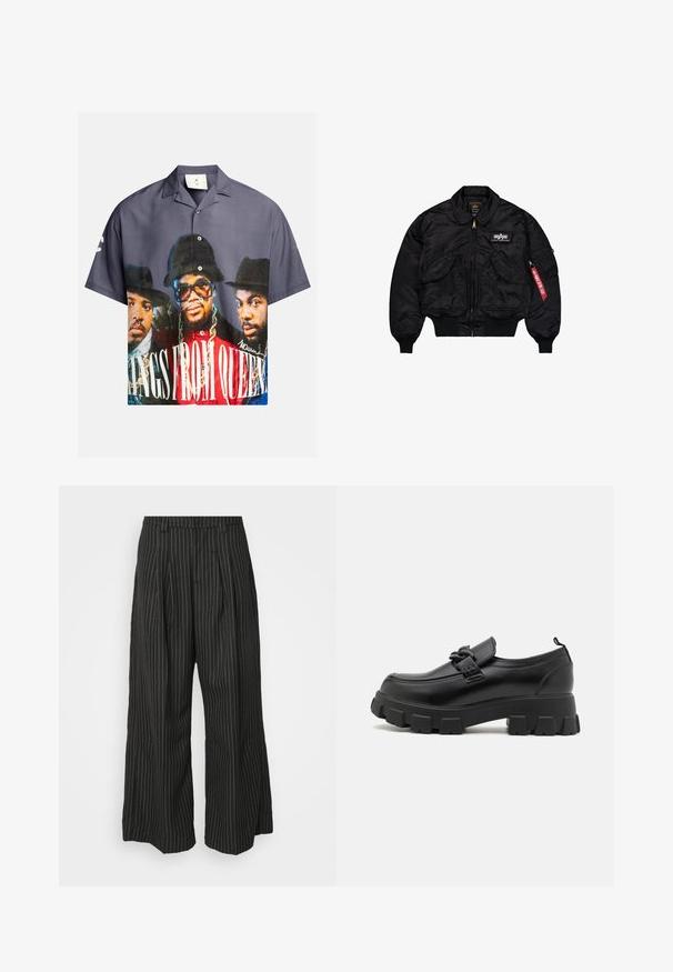 Black bomber jacket made of smooth nylon. Features a front zipper, ribbed cuffs, multiple pockets, and a red fabric tag on the sleeve.; Short-sleeve button-up shirt featuring a graphic print of three figures, predominantly in blue, gray, and red tones, with white text.; Black pinstriped wide-leg trousers with pleats, featuring a tailored design and a soft texture. No visible hardware or accents.; Black leather shoe with a chunky textured sole and a decorative strap across the upper. Features a slight heel and a pull tab at the back.