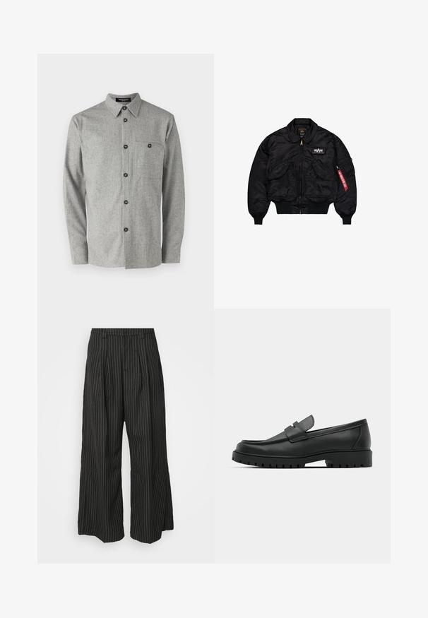 Must mustarjakk, mis on valmistatud siledast nailonist. Omab eesmist lukku, soonikkoes mansette, mitmeid taskuid ja punast kangast sildiga varrukal.; Hall gray villane särk, millel on nööbid alla käistega, ees tasku ja mustad nööbid. Omab tekstureeritud kanga viimistlust.; Mustudest triibulised laiad püksid plisseedega, millel on kohandatud disain ja pehme tekstuur. Nähtavaid riistade või aktsente pole.; Mustad musta nahast loafers, millel on ümar varvas, tikandiga disain, madal platvorm-soon ja tekstureeritud, soonikkummist välistald.