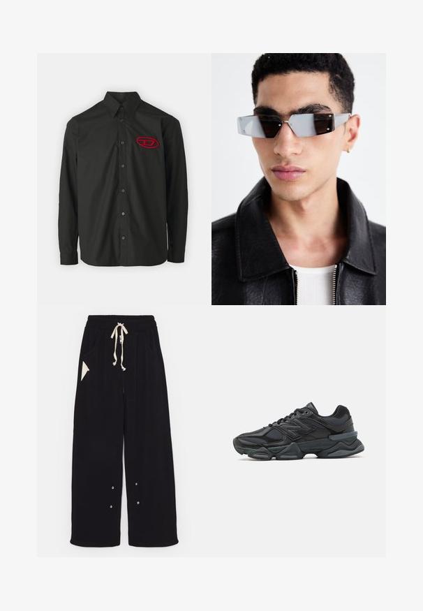 Schwarze Bomberjacke aus glattem Nylon. Verfügt über einen Frontreißverschluss, gerippte Bündchen, mehrere Taschen und ein rotes Stoffetikett am Ärmel.; Schwarzes Langarmhemd mit Knopfkragen. Verfügt über ein rotes gesticktes Logo auf der linken Brust und passende schwarze Knöpfe.; Schwarze weite Hose aus weichem Stoff mit einem Tunnelzugbund, Seitentaschen und einer dreieckigen Akzenttasche. Silberne Hardware-Details sind enthalten.; Schwarzer Laufschuh mit einer Mischung aus Mesh- und sinthetischen Materialien, dicke Sohle, geschwungenes Design und auffälliger Markenkennzeichnung an der Seite.; Eckige, grau getönte Sonnenbrillen mit silberner Hardware, vor einem hellen Hintergrund. Die Gläser weisen eine einzigartige geometrische Form auf.