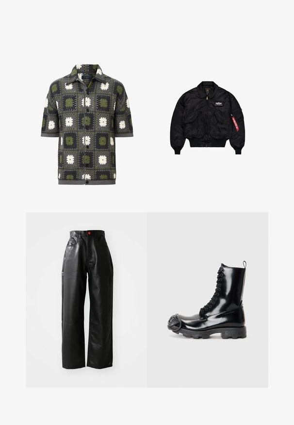 Crna bomber jakna izrađena od glatkog najlona. Ima prednji patentni zatvarač, rebraste manžete, više džepova i crvenu oznaku od tkanine na rukavu.; Košulja kratkih rukava s gumbima, koja ima patchwork dizajn s kvadratima u zelenoj, sivoj i bijeloj boji s cvjetnim uzorcima, izrađena od teksturirane pletene tkanine.; Crni pulover dugih rukava izrađen od mekog materijala, s okruglim izrezom, opuštenim krojem i rebrastim manžetama. Minimalistički dizajn, bez dodatnih uzoraka.; Crne hlače širokih nogavica izrađene od umjetne kože s visokim strukom, vidljivim džepovima i crvenim gumbom kao ukrasom, s glatkom, sjajnom teksturom.; Crne lakirane vojne čizme s sjajnim završetkom, dizajnom s vezanjem, debelim gumenim potplatom i karakterističnim prednjim detaljima od hardvera.