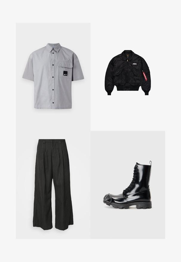 Melnā bumbijaka, kas izgatavota no gluda nylona. Aprīkota ar priekšējo rāvējslēdzēju, ribotiem piedurkņu galiem, vairākiem kabatām un sarkanu auduma birku uz piedurknes.; Karl Lagerfeld Jeans BOXY SHIRT - Krekls - monument; Melnas strīpainas platās bikses ar pieūgumiem, ar pielāgotu dizainu un mīkstu tekstūru. Nav redzamu detaļu vai akcentu.; Melnas patentētas ādas kaujas zābaki ar spīdīgu apdari, ar šņorešanas dizainu, biezu gumijas zoli un izteiktu priekšpuses detaļu.