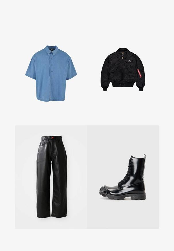 Čierna bomber bunda vyrobená z hladkého nylonu. Obsahuje predný zips, rebrované manžety, viacero vreciek a červenú textilnú etiketu na rukáve.; Svetlomodrá krátkorpová košeľa na gombíky vyrobená z denimu. Má klasický golier a šesť gombíkových uzáverov vpredu.; Čierny pulóver s dlhým rukávom vyrobený z mäkkej tkaniny, s okrúhlym výstrihom, vo voľnom strihu a s rebrovanými manžetami. Minimalistický dizajn, bez ďalších vzorov.; Čierne nohavice z faux kože s širokými nohavicami a vysokým pásom, viditeľnými vreckami a akcentom červeného tlačidla, s hladkou, lesklou textúrou.; Čierne lakované bojové čižmy s lesklým povrchom, šnurovací dizajn, hrubá gumová podrážka a výrazný detail na prednej strane.