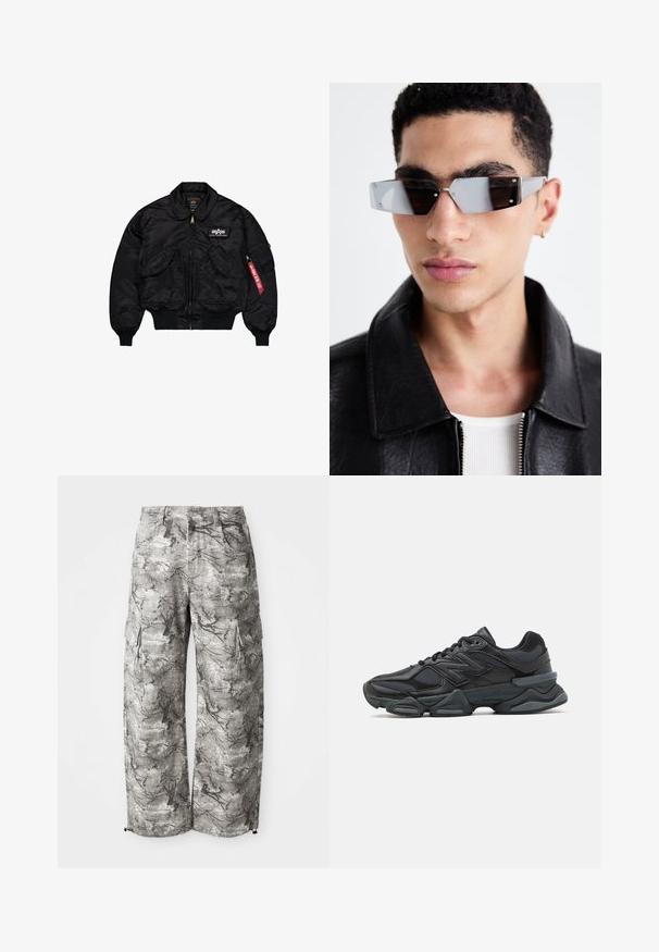Črna bomberska jakna iz gladkega najlona. Ima sprednji zadrgo, rebraste manšete, več žepov in rdečo tkaninsko oznako na rokavu.; Črna bombažna majica s kratkimi rokavi in okroglim izrezom, ki na sprednji strani vsebuje turkizno grafično zasnovo in besedilo. Ohlapen kroj.; Cargo hlače v sivi kamuflažni vzorci, narejene iz teksturirane tkanine. Značilnosti vključujejo stranske žepe in elastičen rob na manšetah.; Črne tekaške superge, ki združujejo mrežaste in sintetične materiale, imajo debel podplat, ukrivljen oblikovni slog ter izrazito blagovno znamko na strani.; Angularne sončne očala s sivim tonom in srebrnim okovjem, postavljena na svetli podlagi. Leče imajo edinstveno geometrijsko obliko.