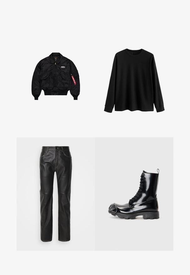 Črna bomberska jakna iz gladkega najlona. Ima sprednji zadrgo, rebraste manšete, več žepov in rdečo tkaninsko oznako na rokavu.; Črn pulover z dolgimi rokavi iz mehkega materiala, z okroglim izrezom, sproščenim krojem in rebrastimi manšetami. Minimalističen dizajn, brez dodatnih vzorcev.; 032c UMA TROUSERS - Usnjene hlače - black; Črne lakirane usnjene vojaške škornje z sijajno površino, zasnovo z vezanjem, debelim gumijastim podplatom in značilnimi sprednjimi kovinskimi detajli.