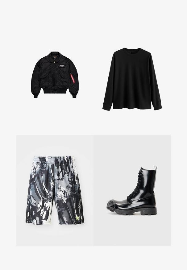 Chaqueta bomber negra hecha de nailon suave. Cuenta con un cierre frontal, puños acanalados, múltiples bolsillos y una etiqueta de tela roja en la manga.; Pulóver negro de manga larga hecho de una tela suave, con un escote redondeado, corte relajado y puños acanalados. Diseño minimalista, sin patrones adicionales.; Pantalones cortos deportivos negros y grises con un diseño de patrón, con cintura elástica, que presentan un diseño abstracto digital y un pequeño acento neón.; Botas de combate de charol negro con un acabado brillante, diseño con cordones, suela de goma gruesa y un distintivo detalle de hardware en la parte frontal.