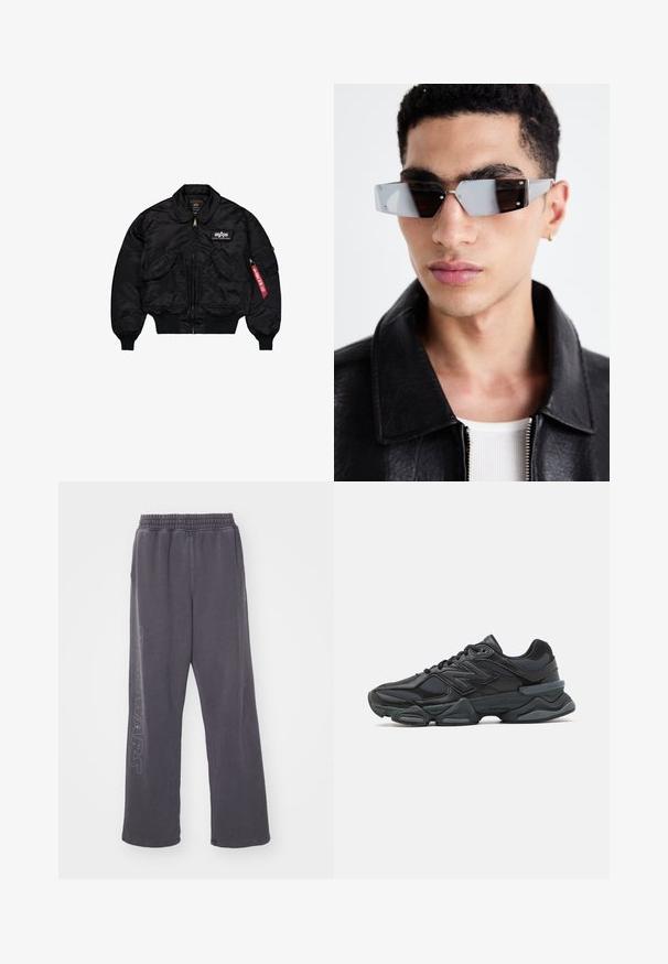 Svart bomberjacka i slät nylon. Har en blixtlås framtill, ribbade muddar, flera fickor och en röd tygmärke på ärmen.; Svart kortärmad T-shirt i bomull med rund halsringning och avslappnad passform. Slät textur med minimala sömnadsdetaljer.; Grå bomullssvettsbyxor med lös passform, elastisk midja och "STAR WARS"-grafik längs vänster ben. Har en mjuk textur.; Svart löparsko med en kombination av mesh och syntetiska material, kraftig sula, rundad design och framträdande varumärkning på sidan.; Vinklade gråtonade solglasögon med silverdetaljer, på en ljus bakgrund. Linserna har en unik geometrisk form.