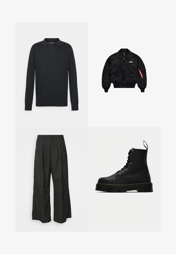 Giacca bomber nera realizzata in nylon liscio. Presenta una zip frontale, polsini a costine, diverse tasche e un'etichetta in tessuto rossa sulla manica.; Polo shirt a maniche lunghe nera realizzato in cotone, con colletto, patta con tre bottoni e polsini a costine. Design semplice e classico.; Pantaloni a gamba larga neri a righe con pieghe, caratterizzati da un design sartoriale e una texture morbida. Nessun hardware o decorazione visibile.; Stivali alla caviglia neri in pelle con lacci, dotati di una suola in gomma testurizzata e spessa, e dettaglio in cucitura gialla attorno alla piattaforma.