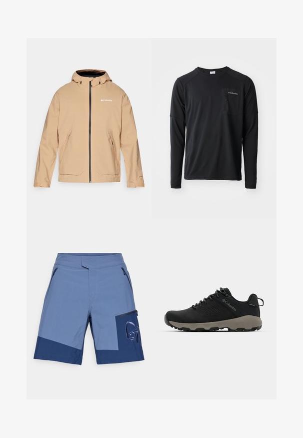 Μπεζ αδιάβροχο μπουφάν με κουκούλα, φερμουάρ και δύο μπροστινές τσέπες. Διαθέτει αντιφατικά μαύρα φερμουάρ και λεπτομέρειες λογότυπου. Λείος υφή.; Columbia COLUMBIA TECH™ LONG SLEEVE CREW - Μπλούζα με μακριά μανίκια - black; Μπλε σορτς με διχρωμία, με φερμουάρ στην περιοχή του μηρού και κεντημένο λογότυπο, φτιαγμένα από ελαφρύ ύφασμα.; Μαύρο ορειβατικό παπούτσι με λείο επάνω μέρος, διάτρητο σχέδιο, γκρι σόλα και ενισχυμένη φτέρνα. Διαθέτει κορδόνια και κρίκο για εύκολη φόρμα.
