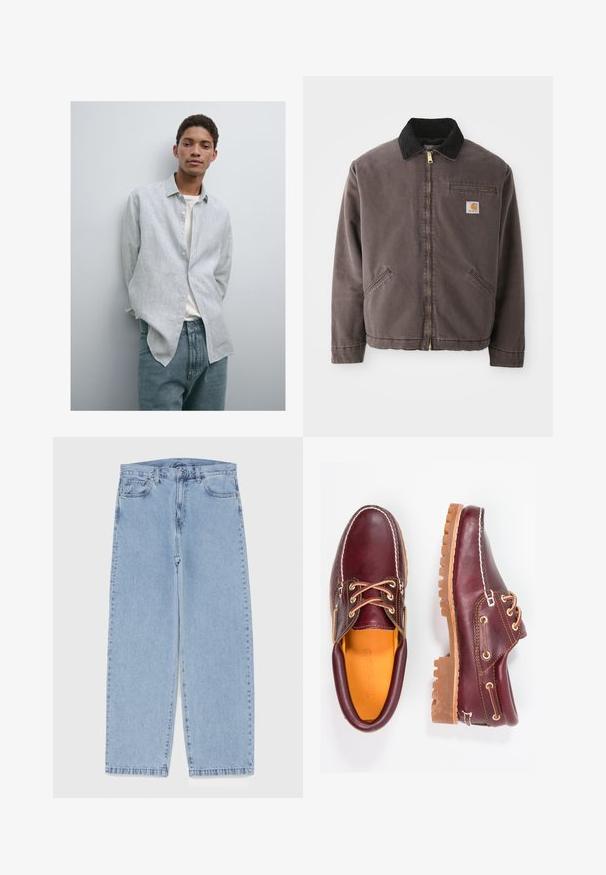 Giacca in tela marrone con colletto in suede nero, zip dorata, tasche laterali e taschino sul petto con patch del logo.; Camicia button-up a righe blu chiaro e bianca con colletto, abbinata a jeans in denim blu chiaro. Tessuto morbido, vestibilità comoda e maniche lunghe.; Jeans in denim azzurro chiaro con design a gamba dritta, caratterizzati da una vita media, cinque tasche e chiusura con bottone e zip.; Scarpe in pelle bordeaux con suole in gomma marrone, punta rotonda, cuciture bianche e occhielli dorati. L'interno presenta un rivestimento giallo.