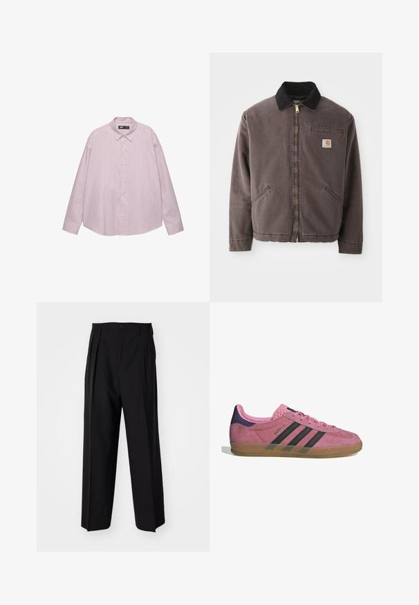 Smeđa platnena jakna s crnim suknjenim ovratnikom, zlatnim patentnim zatvaračem, bočnim džepovima i džepom na prsima s logom.; Svijetlopinkena košulja na dugih rukava s okovratnikom, s vertikalnim plavim prugama i lepršavim krojem. Izrađena od glatkog materijala s blagim sjajem.; Crne plisirane hlače s ravnim širokim nogavicama. Izrađene od glatkog materijala, s dugmadi za zatvaranje i petljama za remen.; Roze nubuk tenisice s crnim prugama, gumeni potplat i teksturirani ljubičasti petni dio. Imaju vezivanje i utisnuti brend na strani.