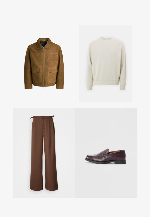 Smeđa zamšna jakna s ovratnikom, zatvaranjem na patentni zatvarač i dva ravna džepa sprijeda. Glatka tekstura s definiranim krojem.; Svijetlosmeđa majica s dugim rukavima izrađena od mekanog materijala, s okruglim izrezom i rebrastim manžetama i rubom. Minimalistički dizajn, bez vidljivih uzoraka.; Hlače širokog kroja u smeđoj boji, izrađene od mekog materijala. Imaju visok struk s plisama i bočnim vezicama, pružajući opušteni kroj i glatku teksturu.; Bordo kožne mokasine s okruglim vrhom, suptilnim šavovima i niskim crnim đonom. Klasičan dizajn s minimalnim ukrasima.
