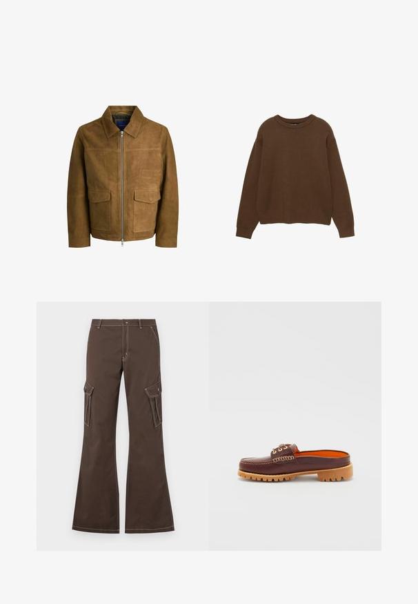 Hnědá semišová bunda s límcem, zipovým uzávěrem a dvěma plochými kapsami vpředu. Hladký povrch s pevným střihem.; Hnědý pletený svetr s kulatým výstřihem, dlouhými rukávy a volným střihem. Hladká textura s ribbovanými manžetami a lemem.; Hnědé cargo kalhoty s rozšířenými nohavicemi, s bočními kapsami, bílými švy a kovovým zapínáním na knoflík.; Hnědá kožená slip-on obuv s kulatou špičkou, texturovaným prošíváním, zlatými průvleky a hnědou, drsnou podešví. Interiér je v jasně oranžové barvě.