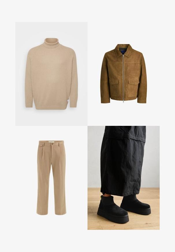 Giacca in suede marrone con colletto, chiusura con zip e due tasche piatte sul davanti. Tessuto liscio con una vestibilità strutturata.; Jack & Jones JJPANNEL ROLL NECK - Maglione - crockery; Pantaloni beige su misura con gamba dritta, fronte plissettato e passanti per cintura. Realizzati in tessuto liscio con una leggera texture.; Stivali alla caviglia neri con piattaforma, realizzati in morbido suede con una finitura liscia e una suola spessa. Presentano una texture a coste e un accento neon sul tallone.