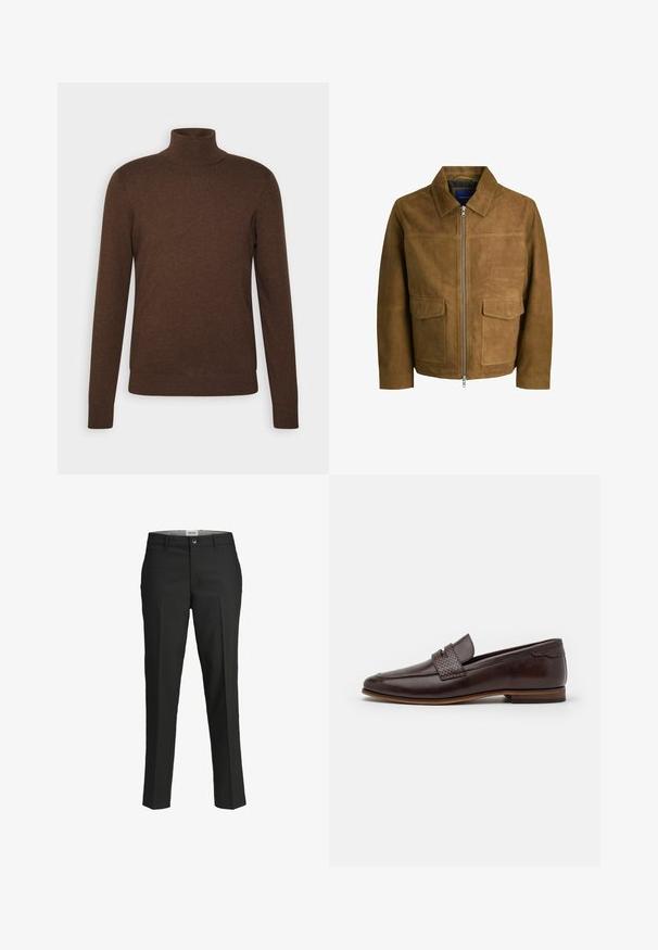 Jachetă din suede maro cu guler, închidere cu fermoar și două buzunare plate în față. Textură netedă cu o croială bine definită.; Pulover călduros, de culoare maro, confecționat dintr-un material moale, cu mâneci lungi, design ajustat și detalii cu nervuri la guler și la tiv.; Pantaloni negri, croi ajustat, material neted, talie medie, închidere frontală cu nasture, buzunare diagonale și detalii cu pliuri pe picioare.; Mocasini din piele maro cu un accent împletit pe partea superioară, finisaj neted, vârf ușor ascuțit și tocul jos, stratificat.