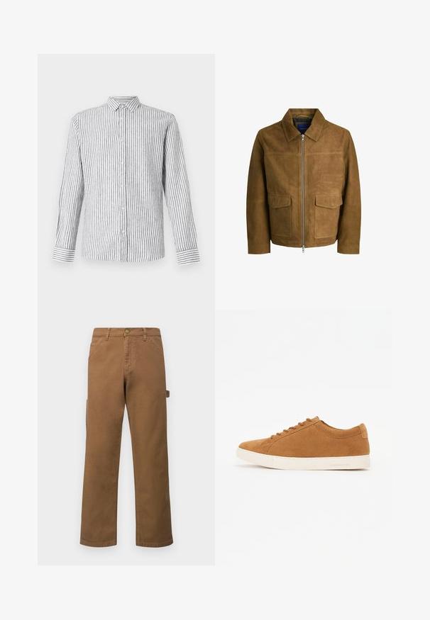 Ruda zomšinė striukė su apykakle, užtrauktuku ir dviem lygiomis kišenėmis priekyje. Lygus paviršius su struktūrizuotu siluetu.; Šviesiai pilka ilgomis rankovėmis marškinėlių su baltais vertikaliais dryžiais. Yra klasikinis apykaklė ir rankogaliai su dryžuotu raštu.; Rudos medvilniniai cargo džinsai tiesiomis kojomis, su šoninėmis kišenėmis ir metaliniu mygtuko uždarymu ties liemeniu. Lygi tekstūra ir kasdieniškas dizainas.; Rudos zomšos sportbačiai su žemu dizainu, balta gumine padu ir apvaliu pirštu. Yra atitinkamos raišteliai ir minimalus ženklinimas ant kulno.