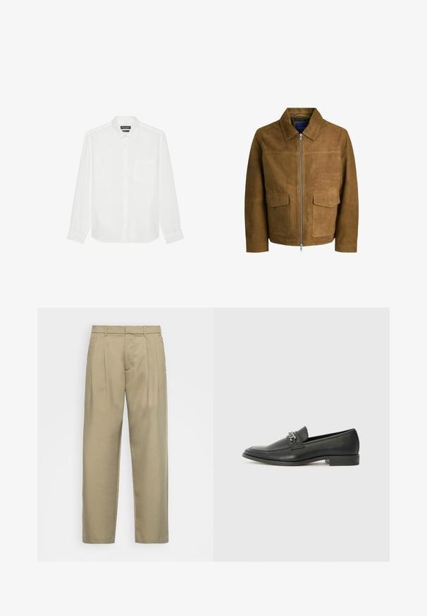 Hnědá semišová bunda s límcem, zipovým uzávěrem a dvěma plochými kapsami vpředu. Hladký povrch s pevným střihem.; Bílá košile s dlouhým rukávem vyrobená z lnu, s límečkem na knoflíky, přední kapsou a knoflíkovým zapínáním na přední straně. Texturovaná tkanina.; Beige kalhoty s vysokým pasem a rovnýmlíčkem, s plochým předním dílem, bočními kapsami a hladkým, strukturovaným materiálem.; Černé kožené mokasíny s hladkým povrchem, s prošívaným designem a dekoračním kovovým řetízkem přes nárt. Plochý podpatek.