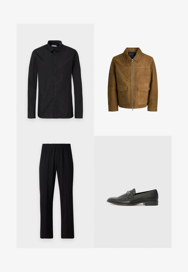 Brązowa skórzana kurtka z kołnierzykiem, z zapięciem na zamek błyskawiczny i dwiema płaskimi kieszeniami z przodu. Gładka tekstura i dopasowany krój.; Czarna, długosleeve koszula zapinana na guziki z klasycznym kołnierzykiem, wykonana z gładkiego materiału, z guzikami na przodzie i regularnym krojem.; Czarne spodnie z elastycznym pasem o prostym kroju, z gładką strukturą i bez widocznych wzorów czy elementów metalowych.; Czarne skórzane mokasyny o gładkim wykończeniu, z haftowanym wzorem i dekoracyjnym akcentem z metalowego łańcucha na wierzchu. Płaska pięta.