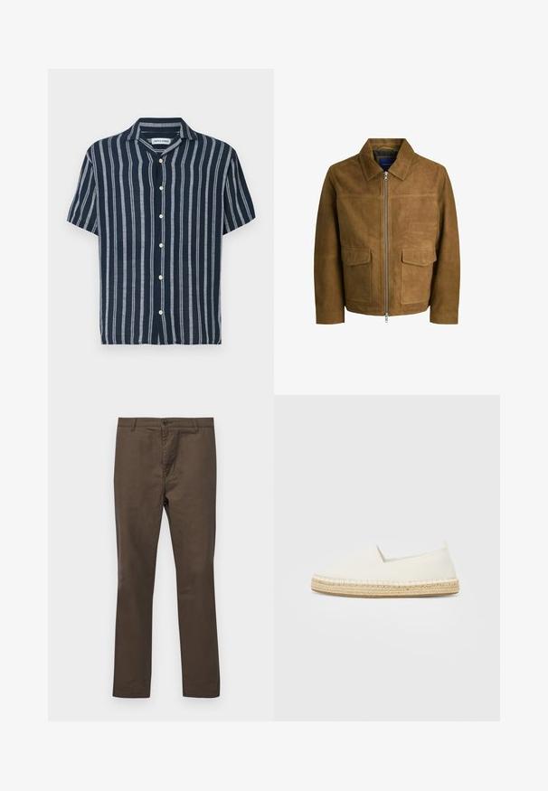 Brązowa skórzana kurtka z kołnierzykiem, z zapięciem na zamek błyskawiczny i dwiema płaskimi kieszeniami z przodu. Gładka tekstura i dopasowany krój.; Koszula z krótkim rękawem w granatowym kolorze z jasnoniebieskimi paskami. Posiada klasyczny kołnierzyk i pięć guzików z przodu. Wykonana z lekkiego materiału.; Brązowe bawełniane spodnie o prostym kroju, z zapięciem na guzik oraz szlufkami na pasek, gładka tekstura bez wzorów czy akcentów.; Białe espadryle z płótna z podeszwą z juty, okrągłym noskiem i elastycznymi bokami dla łatwego zakładania. Płaski fason, minimalistyczny styl.