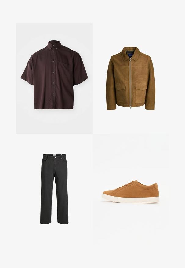 Giacca in suede marrone con colletto, chiusura con zip e due tasche piatte sul davanti. Tessuto liscio con una vestibilità strutturata.; Camicia a maniche corte con colletto di un profondo bordeaux. Presenta bottoni sul davanti e una tasca sul petto. Tessuto liscio con una vestibilità comoda.; Jeans neri a gamba dritta realizzati in cotone, con un classico design a cinque tasche, chiusura con bottone e dettagli di cucitura discreti.; Sneaker in suede marrone con design low-top, suola in gomma bianca e punta rotonda. Presenta lacci abbinati e una grafica minimal sul tallone.