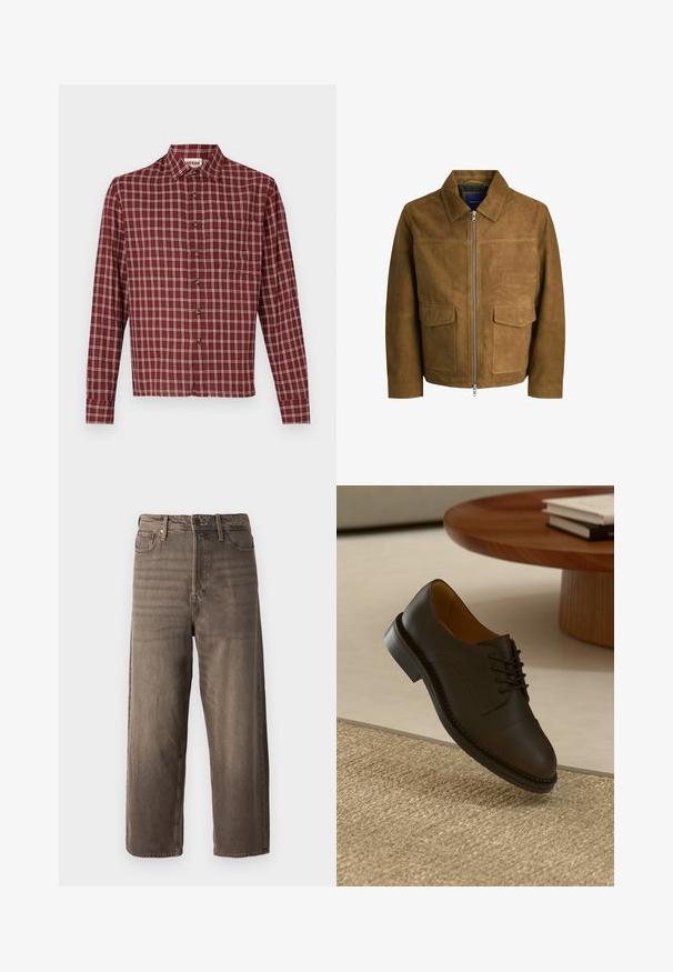 Ruskea mokkajakku, jossa on kauluskäänne, vetoketjukiinnitys ja kaksi litteää taskua etupuolella. Sileä pinta ja ryhdikäs istuvuus.; Punainen ruudullinen pitkähihaista paitaa, jossa on terävä kaulus, nappisuljekko ja rintatasku. Materiaalin näyttäisi olevan pehmeä, jossa on kevyt rakenne.; Ruske leve hlače iz denima. Imajo zadrgo, obrobo za pas in pet žepov. Tkanina ima zbledel, teksturiran videz.; Ruskeahalli nahkakengät, joissa on teksturoitu päällinen, nauhakuviointi, kontrastivärinen ommel ja kestävä kumipohja, leijuu kudotun maton yllä.