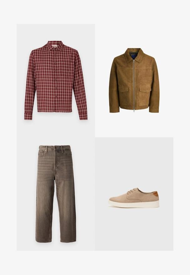 Chaqueta de ante marrón con cuello, cierre de cremallera y dos bolsillos planos en la parte delantera. Textura suave con un ajuste estructurado.; Camisa de manga larga a cuadros rojos con cuello puntiagudo, cierre de botones y bolsillo en el pecho. El material parece suave con una ligera textura.; Jeans de pierna ancha en color marrón, fabricados en denim. Cuentan con una cremallera, pasadores para cinturón y cinco bolsillos. La tela presenta un aspecto desgastado y texturizado.; Zapatillas de ante beige con puntera redondeada, cordones en la parte delantera y un acento texturizado en la parte trasera. La suela de goma blanca proporciona contraste. Diseño sencillo y moderno.