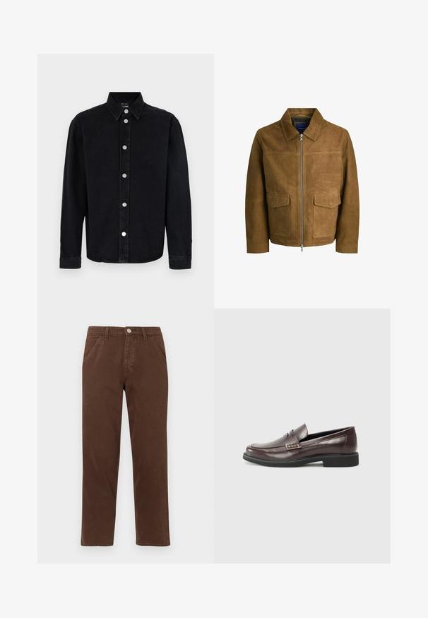 Chaqueta de ante marrón con cuello, cierre de cremallera y dos bolsillos planos en la parte delantera. Textura suave con un ajuste estructurado.; Camisa de mezclilla negra con mangas largas, cuello de botonadura y herrajes plateados. Presenta un corte recto y una textura lisa.; Pantalones de algodón marrón con pierna recta, bolsillos frontales y cierre de botón metálico. Presenta una textura suave y un diseño minimalista.; Mocasines de cuero marrón con un acabado suave, que presentan un sutil detalle de costura en la parte superior y una suela de goma negra.