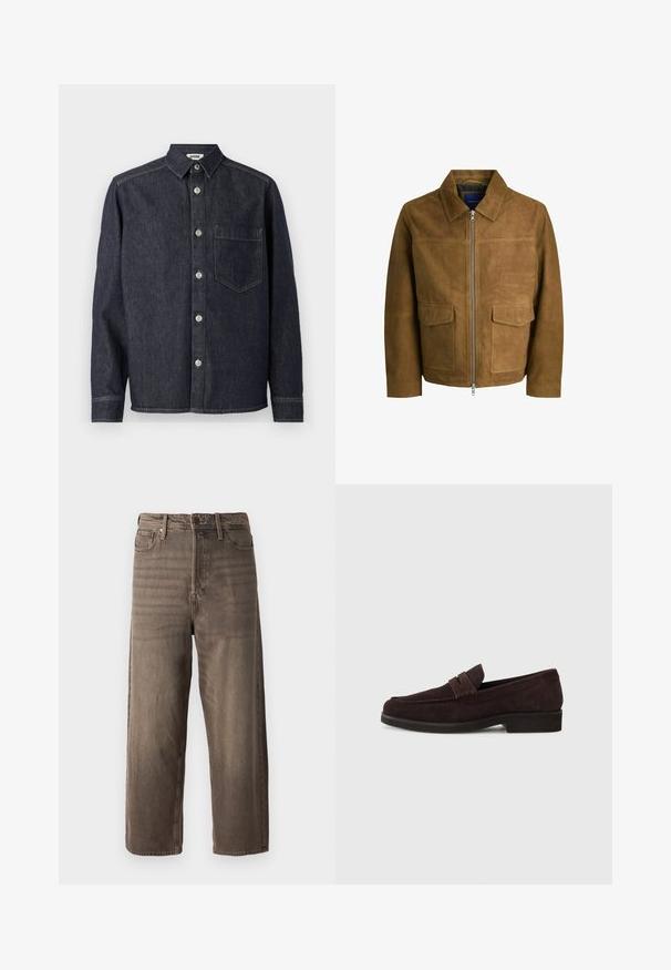 Hnědá semišová bunda s límcem, zipovým uzávěrem a dvěma plochými kapsami vpředu. Hladký povrch s pevným střihem.; Tmavá džínová košile s límečkem, dlouhými rukávy, přední kapsou a stříbrnými knoflíky, charakteristická pevnou texturou a rovnými lemy.; Hnědé široké džíny vyrobené z denimu. Mají zip, poutka na opasek a pět kapes. Látka má vybledlý, texturovaný vzhled.; Hnědé semišové mokasíny s nízkým profilem a kulatou špičkou. Mají dekorativní pásek přes horní část, plochou gumovou podrážku a žádné viditelné švy.
