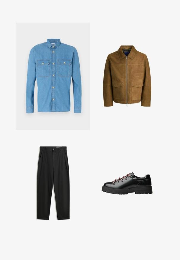 Hnědá semišová bunda s límcem, zipovým uzávěrem a dvěma plochými kapsami vpředu. Hladký povrch s pevným střihem.; Světlě modrá denimová košile s dlouhými rukávy, zapínání na knoflíky, dvě náprsní kapsy, špičatý límec a zlaté knoflíky. Hladká textura, neformální design.; Černé bavlněné kalhoty s uvolněným střihem, klasickým pasem, předními záhyby a bočními kapsami. Hladká textura bez vzorů.; Černá kožená turistická bota s červenými a bílými tkaničkami, velkými očky a silnou podešví se vzorkem pro lepší přilnavost a stabilitu.