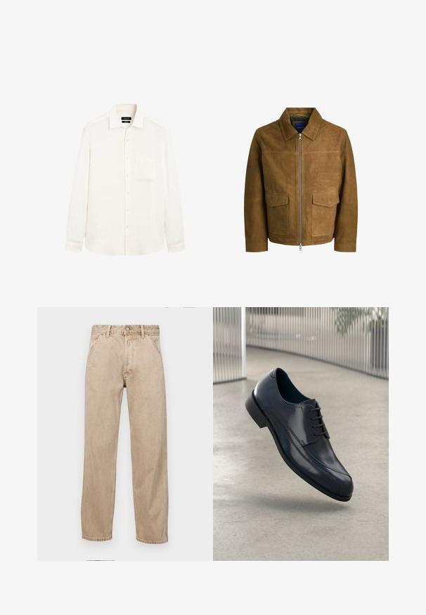 Hnědá semišová bunda s límcem, zipovým uzávěrem a dvěma plochými kapsami vpředu. Hladký povrch s pevným střihem.; Hedvábná košile s dlouhými rukávy, krémové barvy, vyrobená z lehkého lnu, s límečkem na knoflíky a jedním kapsou na prsou. Má uvolněný střih.; Béžové džíny z denimu se středně širokým střihem, vybavené předními kapsami, kovovým zapínáním na knoflík a jemnou texturou.; Lesklá černá kožená společenská obuv s tkaničkami, plovoucí nad hladkým, světle šedým podlahovým povrchem a s vertikálními kovovými pruty v pozadí.