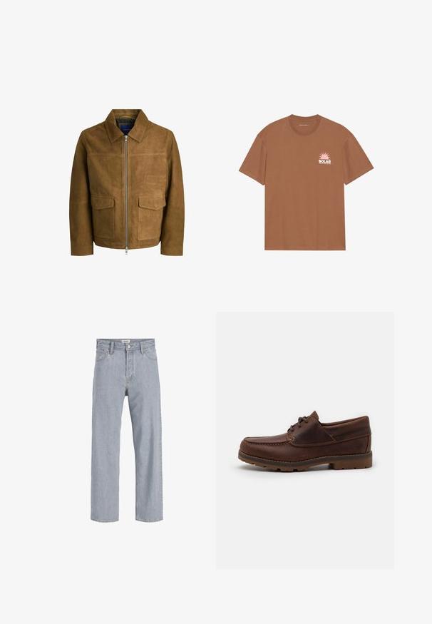 Veste en suède marron avec un col, fermeture éclair et deux poches plates à l'avant. Texture lisse avec une coupe structurée.; T-shirt marron à manches courtes en coton, avec un graphique de soleil rose et le texte "SOLAR" sur la poitrine gauche. Design à col rond.; Jean en denim bleu clair avec une coupe décontractée,à jambe droite, coutures visibles, deux poches avant et fermeture par bouton.; Chaussure en cuir marron avec un bout arrondi, design à lacets et coutures contrastantes. Présente une semelle en caoutchouc durable et un détail de logo en relief.