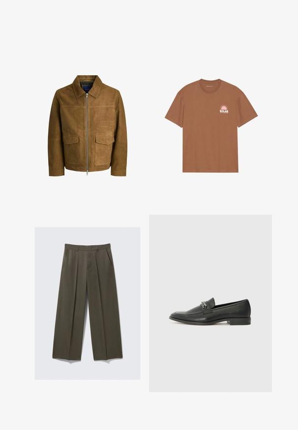 Bruine suede jas met een kraag, ritssluiting en twee platte zakken aan de voorkant. Glad textuur met een gestructureerde pasvorm.; Bruine T-shirt met korte mouwen van katoen, met een roze zonafbeelding en de tekst "SOLAR" op de linkerborst. Crew neck ontwerp.; Wijdvallende broek in olijfgroen, gemaakt van een gladde stof. Voorzien van steekzakken, een vlakke voorkant en gestikte plooien voor structuur.; Zwarte leren instapper met een gladde afwerking, voorzien van een gestikt ontwerp en een decoratieve metalen kettingaccent over de wreef. Platte hak.